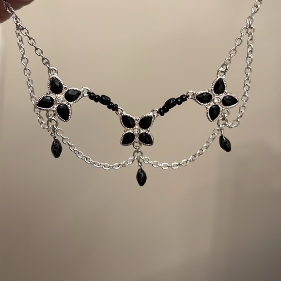 Monet Silver-Tone and Black Floral Necklace with Draping Chains - Picture 10 of 12